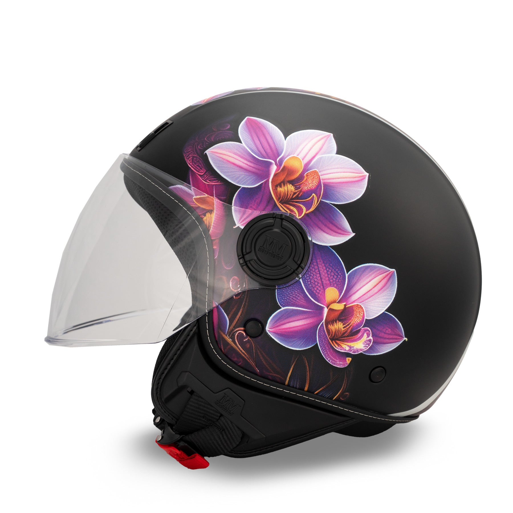 Tattoo Iris Black jet helmet: street floral artwork, personal style