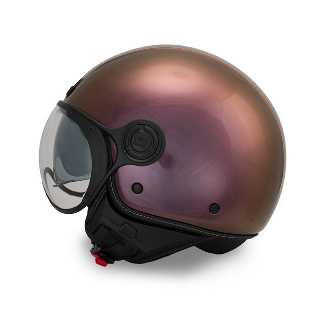Casco jet A-Ventura rosa viola cangiante con effetto metallico e design minimal - vista laterale con doppia visiera abbassata