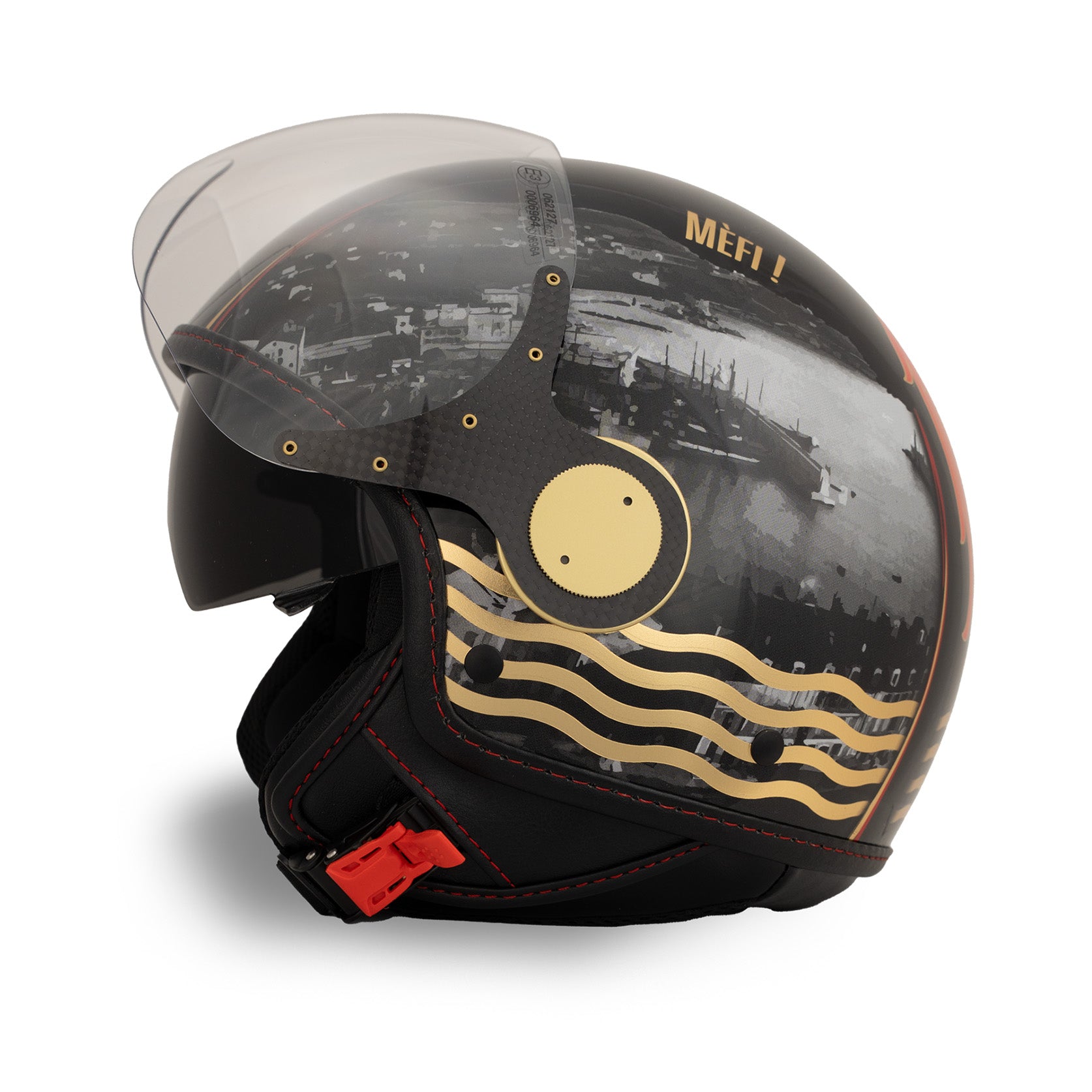 Nizza jet helmet deep black, Mediterranean motifs and gold details